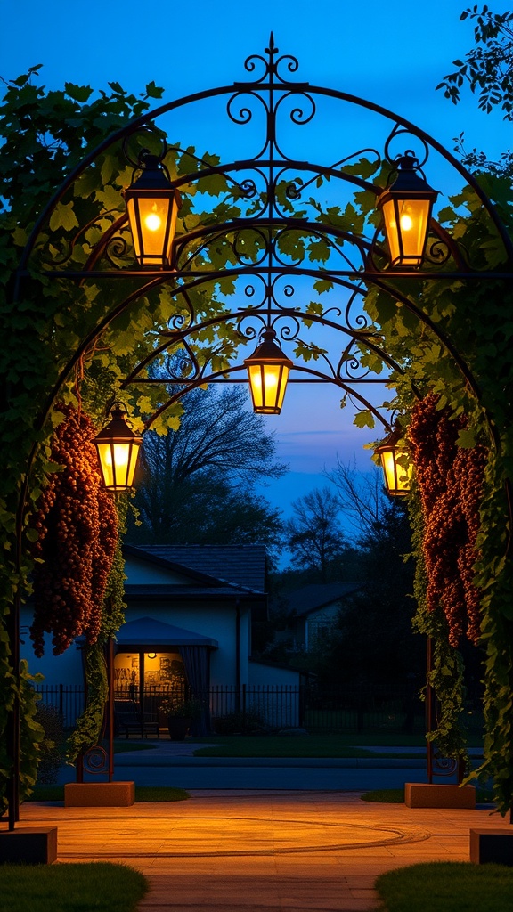 Decorative iron arbor with lanterns and grapevines in a backyard setting.