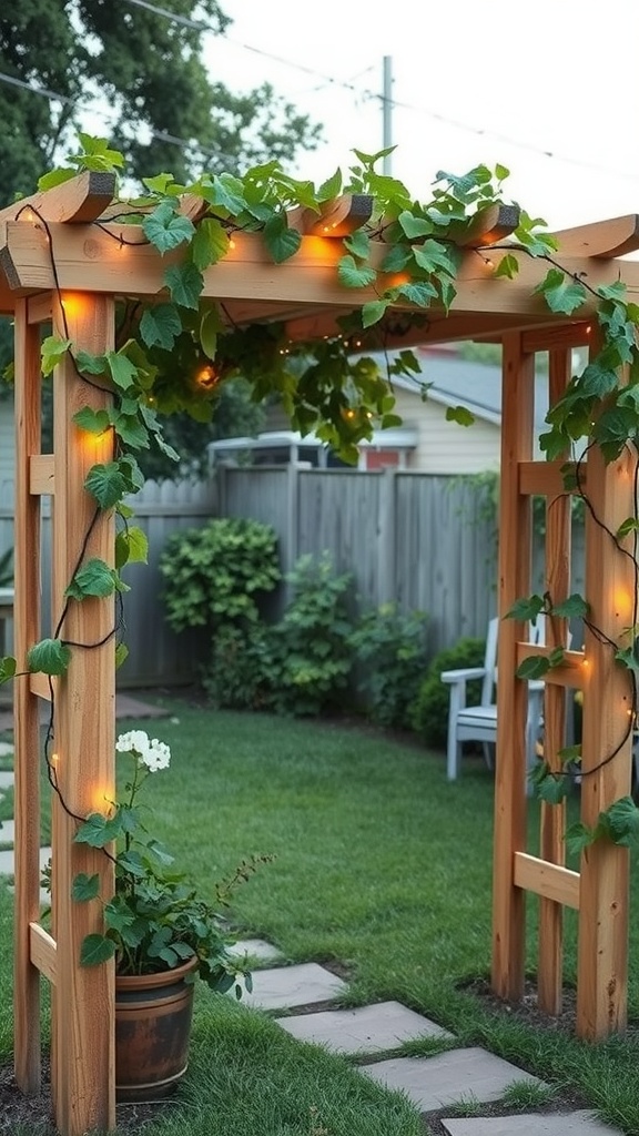 A wooden arbor covered with green vines and string lights in a backyard.