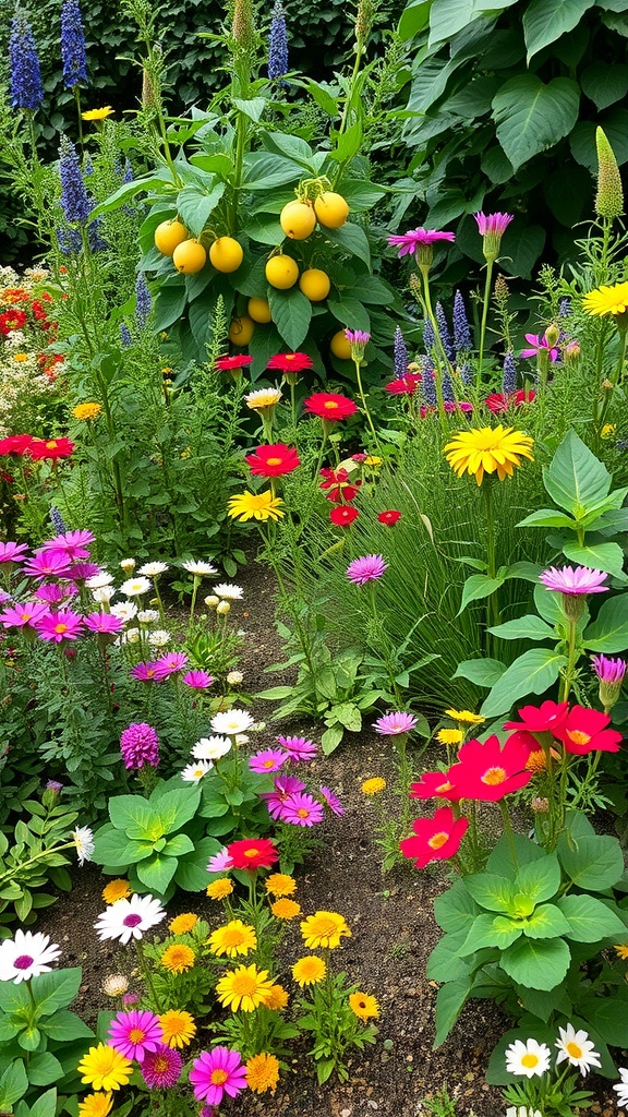 A colorful garden with various flowers and yellow fruits growing on a bush.