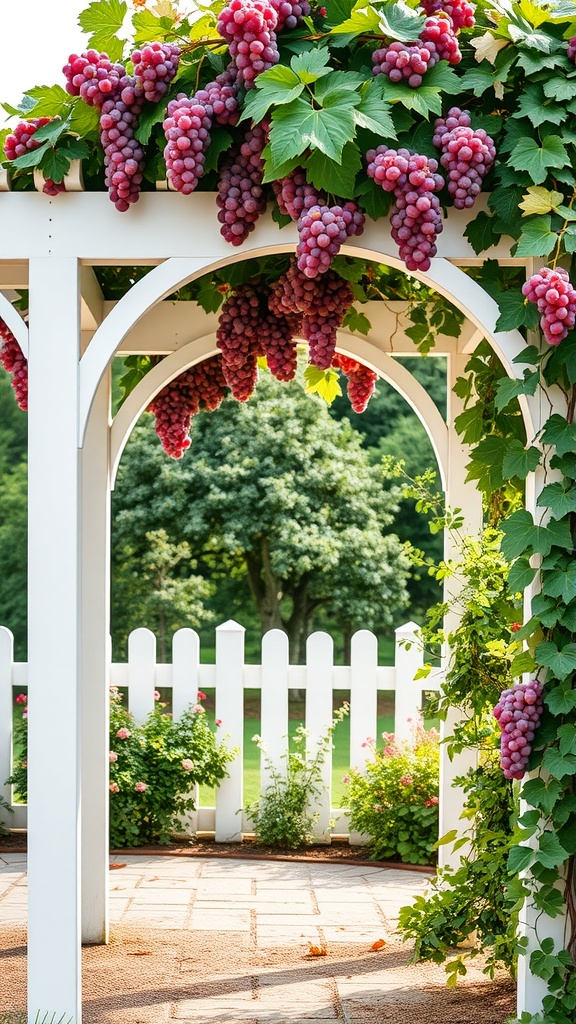 A beautiful white vinyl arbor adorned with clusters of grapes and surrounded by greenery.