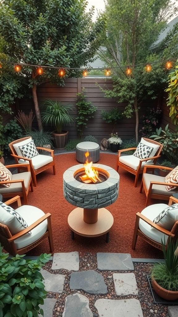 A cozy fire pit area with seating in a small back garden.