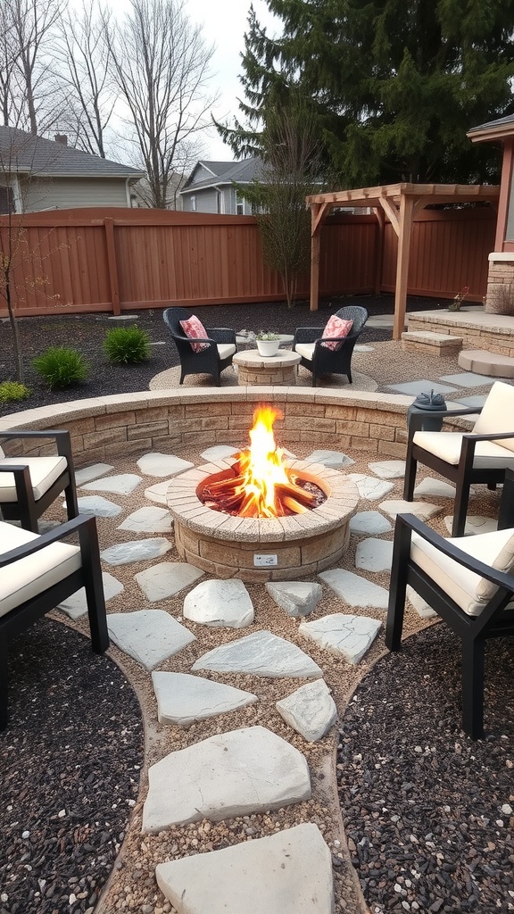 A cozy fire pit surrounded by comfortable seating in a landscaped yard.