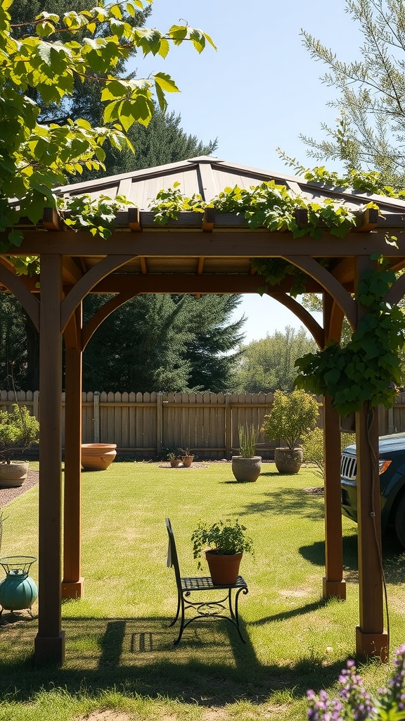 A gabled roof arbor with grapevines, featuring a small chair and potted plant in a sunny backyard.