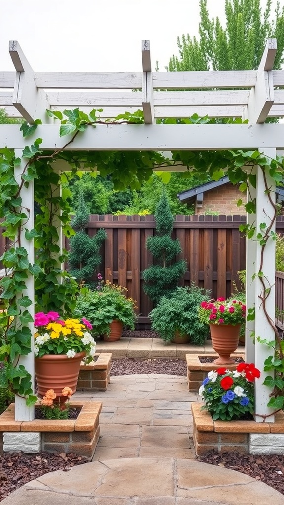 A garden arbor with built-in planters filled with colorful flowers and greenery.