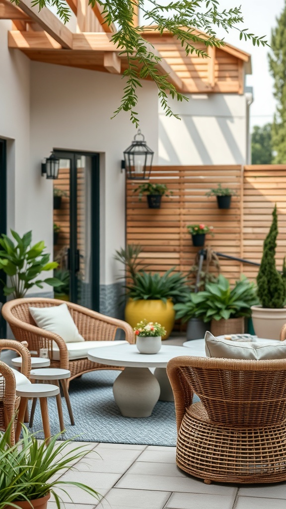 A cozy outdoor seating area with rattan chairs and a table surrounded by greenery.