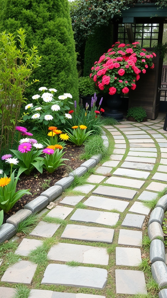 A beautiful garden pathway made of stone pavers surrounded by colorful flowers.