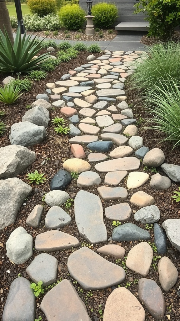 A garden pathway made of various stones surrounded by plants and greenery.