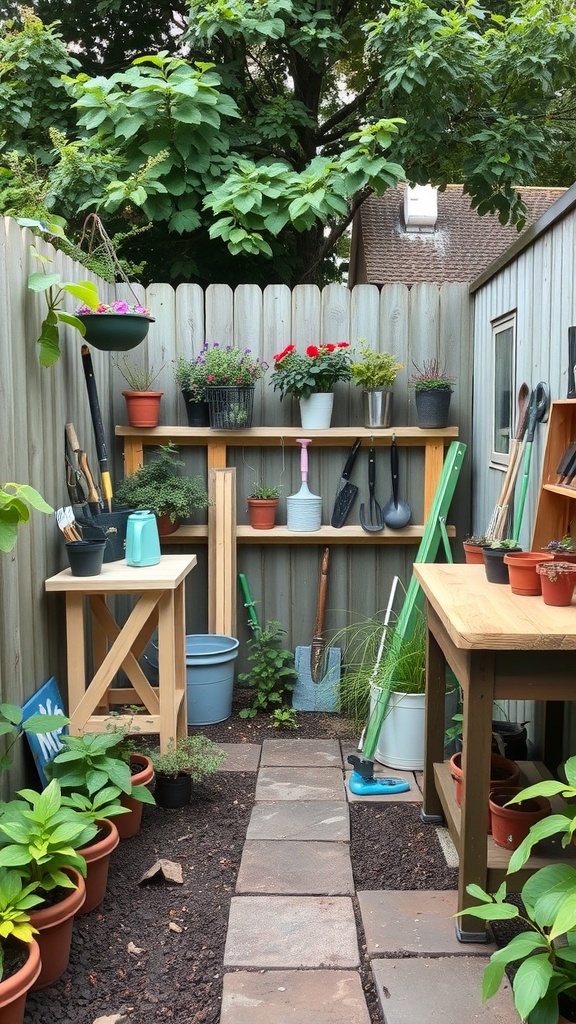 A small garden workshop area with shelves, tools, and potted plants.
