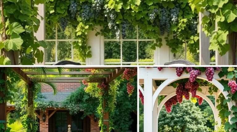 Elegant backyard grape arbor covered in lush green vines, providing shade and a cozy outdoor seating area.