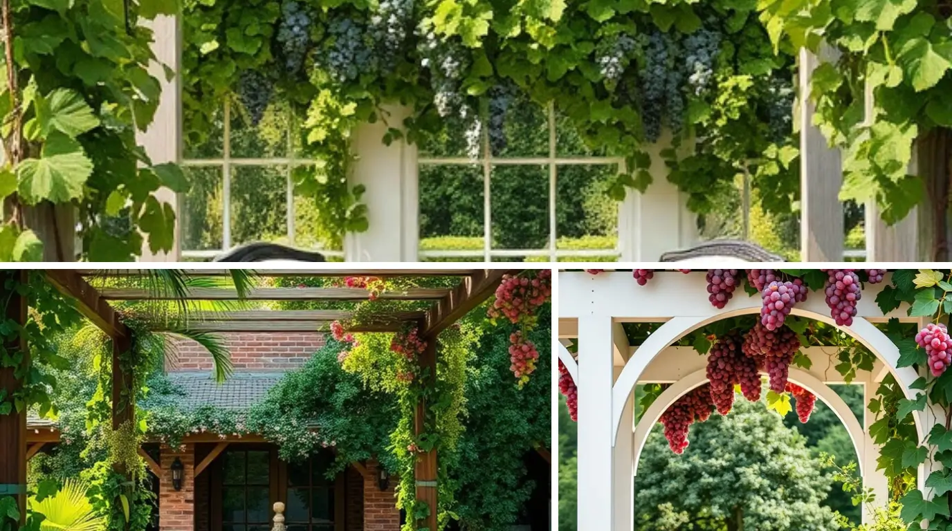 Elegant backyard grape arbor covered in lush green vines, providing shade and a cozy outdoor seating area.