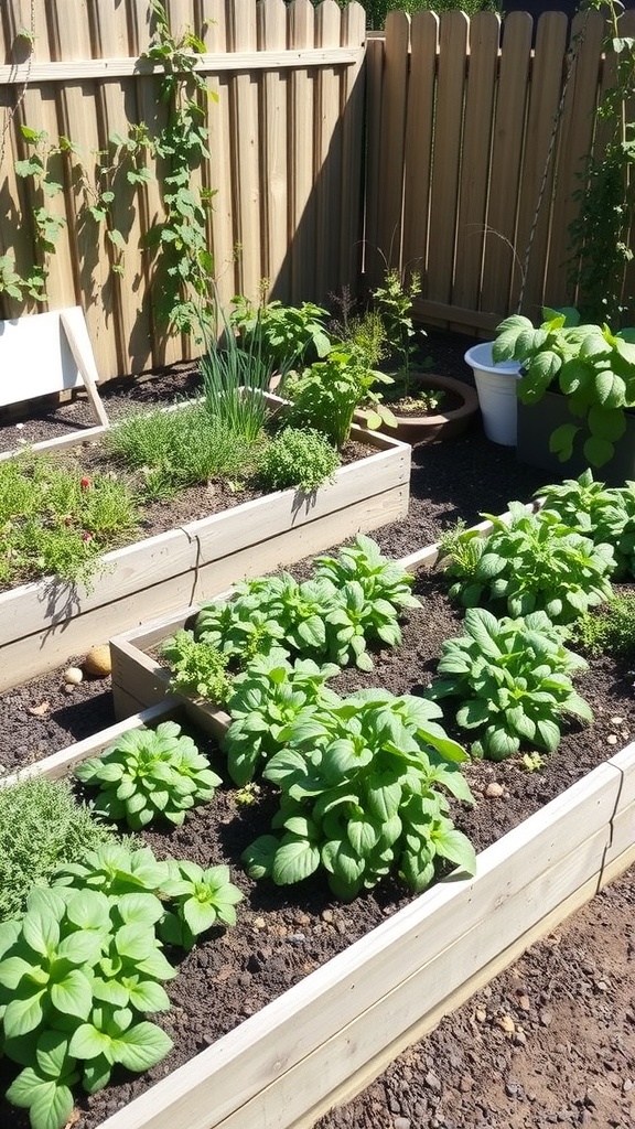 A small garden with raised beds filled with various herbs and vegetables.