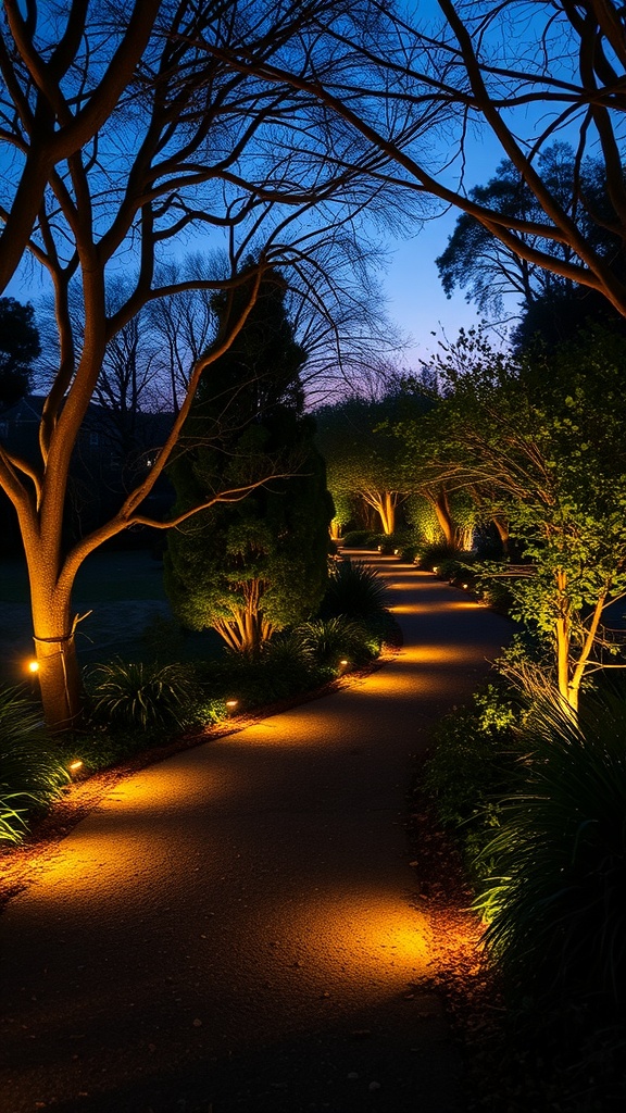 A pathway illuminated with warm lights, surrounded by trees and shrubs at dusk.