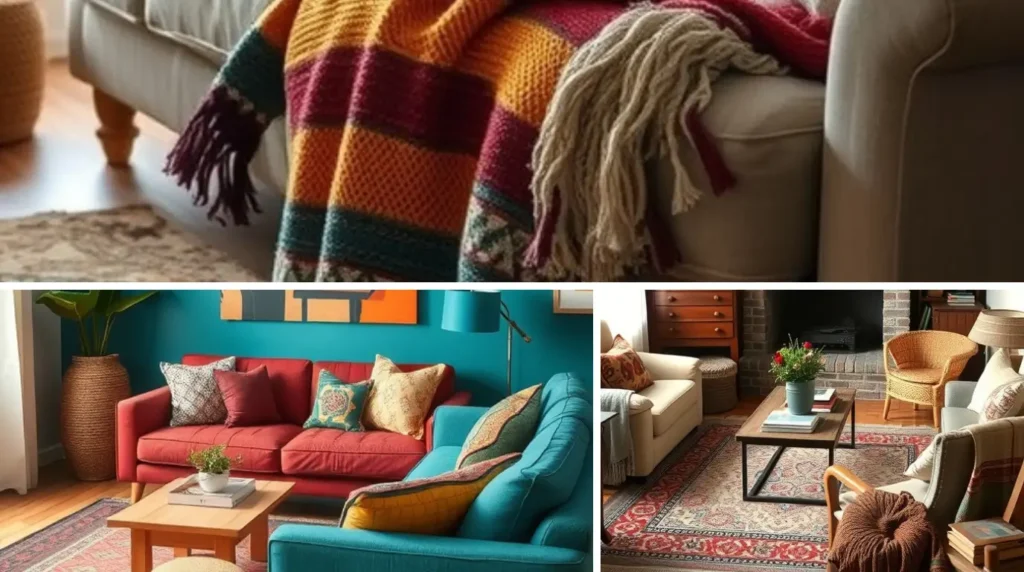 Cozy boho living room with layered textiles, natural wood furniture, plants, and warm lighting for a relaxed and stylish vibe.