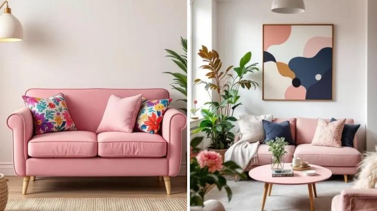 Small pink living room with cozy decor and modern furniture.