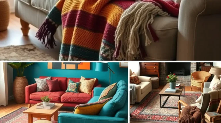 Cozy boho living room with layered textiles, natural wood furniture, plants, and warm lighting for a relaxed and stylish vibe.