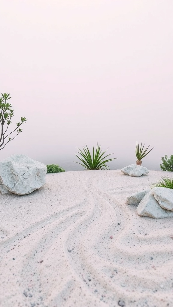 A serene meditative rock garden featuring smooth stones and gentle sand patterns.