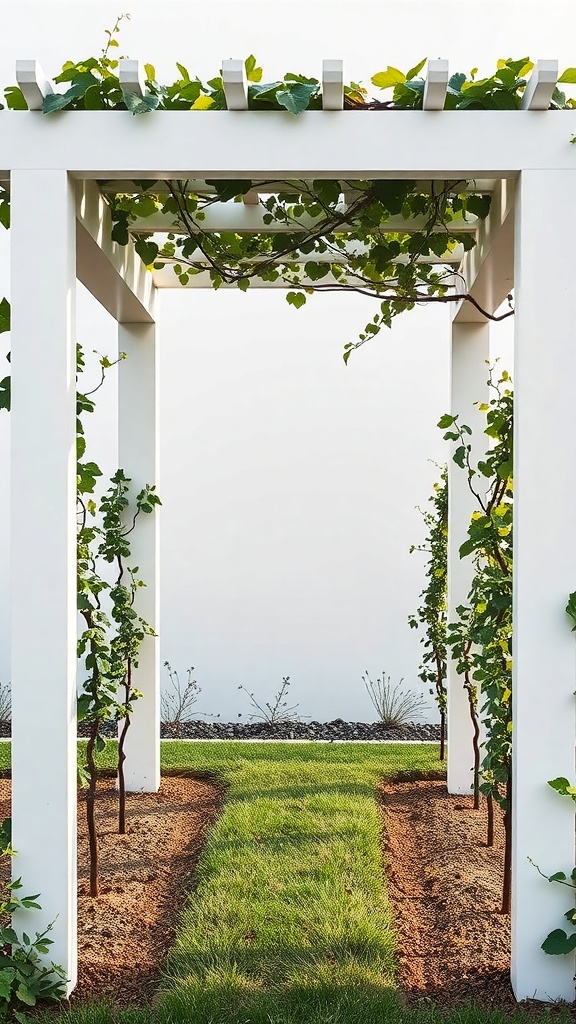 A minimalist grape arbor with white beams and green vines.