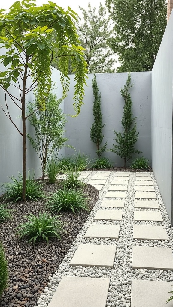 A modern minimalist garden featuring a stone pathway, greenery, and a simple design.