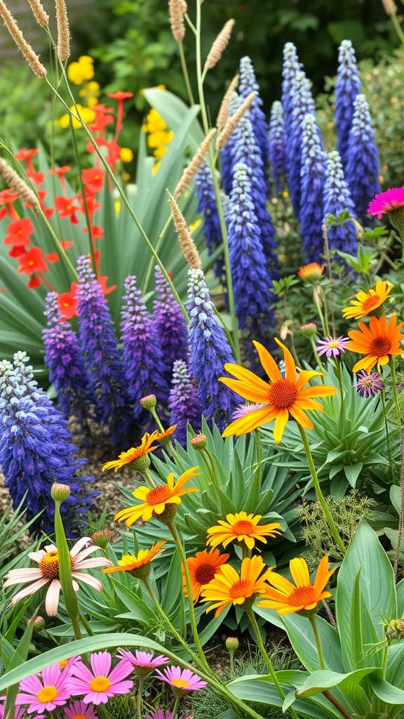 A colorful garden featuring native plants with blue, yellow, and pink flowers.