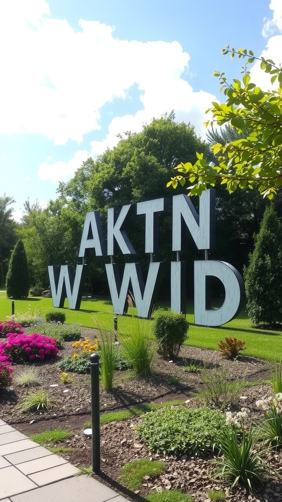 Outdoor art installation with large letters in a garden setting