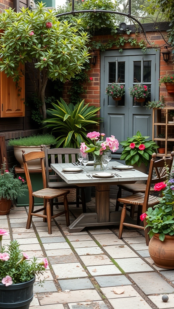 A charming outdoor dining area with a wooden table, chairs, and colorful flowers.