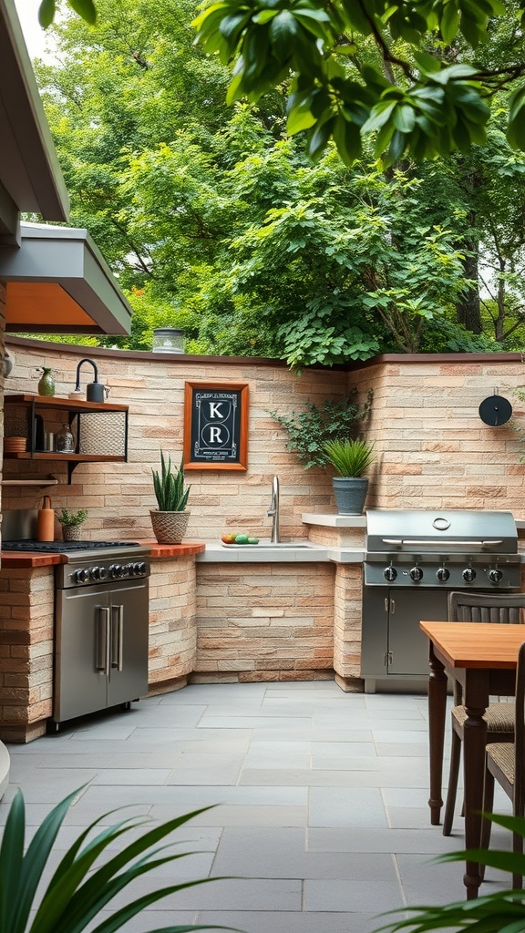 A stylish outdoor kitchen with stainless steel appliances, stone walls, and greenery.