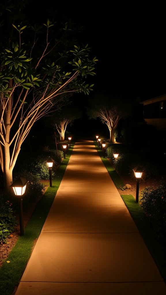 A well-lit pathway at night with decorative lights lining the sides, surrounded by trees and shrubs.