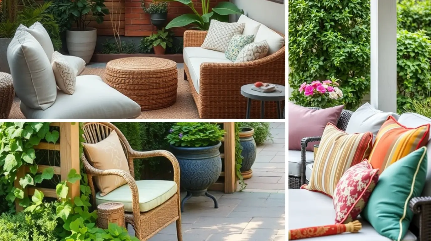 Cozy outdoor patio with string lights, comfortable seating, and decorative plants