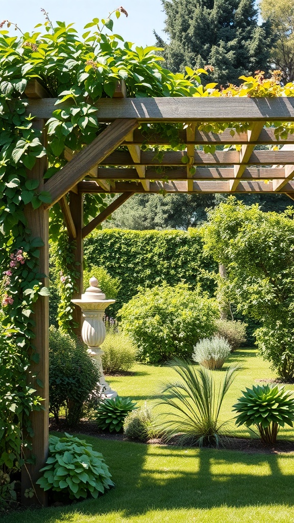 A wooden pergola covered with green vines in a lush garden.