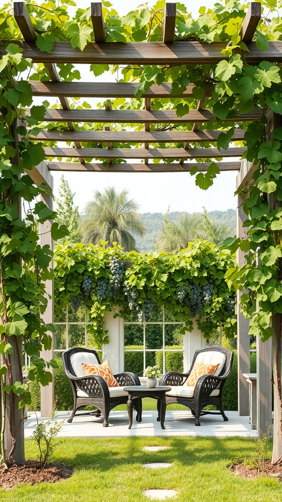 Pergola style arbor with seating area and grapevines