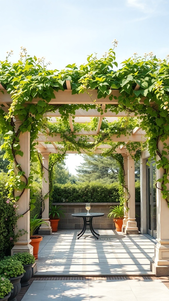 A pergola covered with greenery, featuring a table and chairs underneath, set in a bright outdoor space.