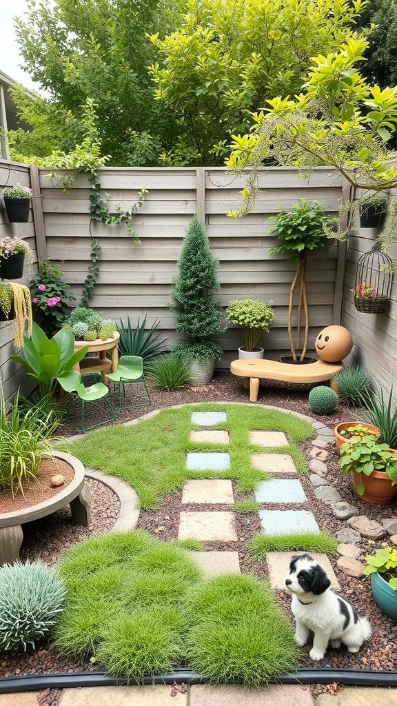 A small garden layout with grass, stone paths, and a small dog.