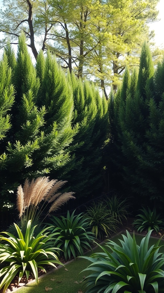 A lush garden with tall green trees, pampas grass, and other plants creating a natural privacy screen.