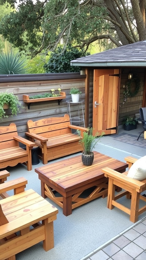 A cozy patio featuring rustic wooden furniture including chairs and a table, surrounded by greenery.