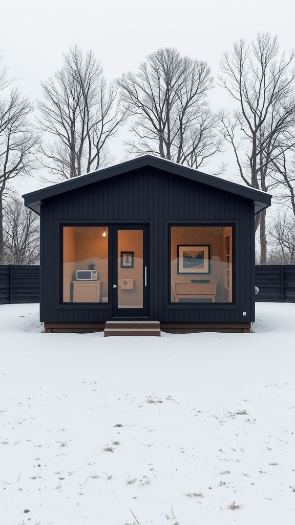 A minimalist black shed house surrounded by snow and trees.