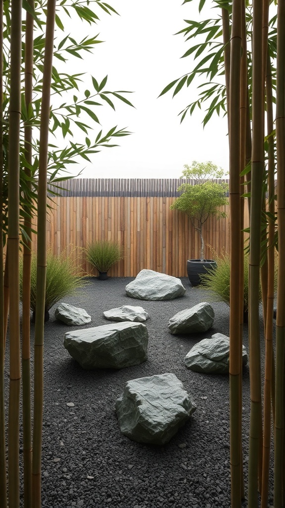 A serene Zen garden featuring bamboo borders, smooth stones, and lush greenery.