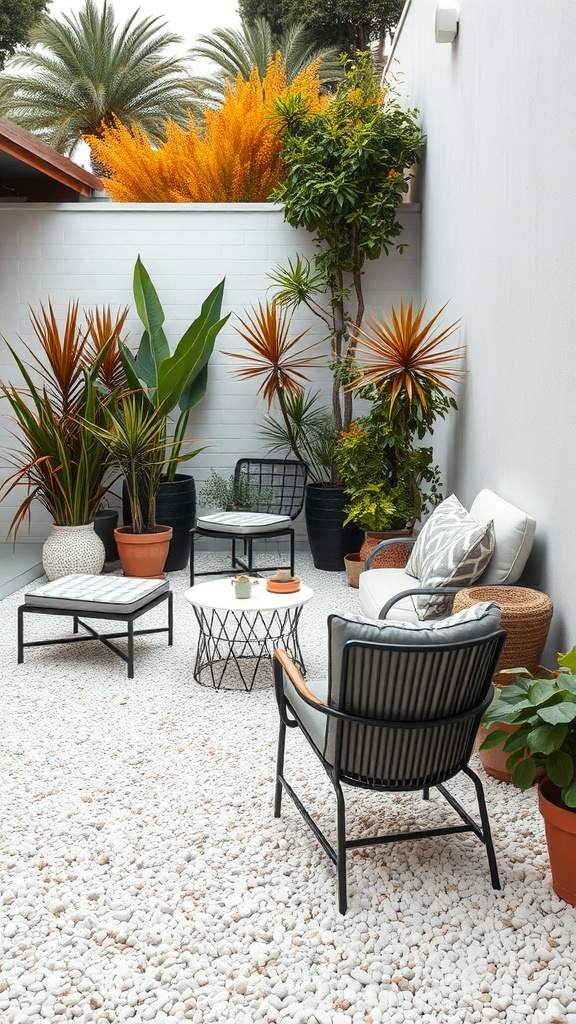 A cozy seating area with white gravel, stylish chairs, and vibrant plants.