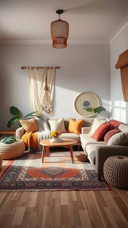 A cozy boho living room featuring layered textiles, including cushions, throws, and a patterned rug, creating a warm and inviting atmosphere.