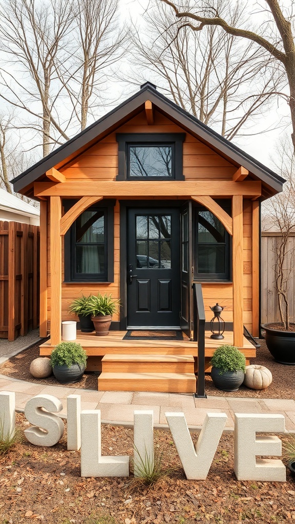A stylish two-story shed house with wooden exterior and inviting entrance.