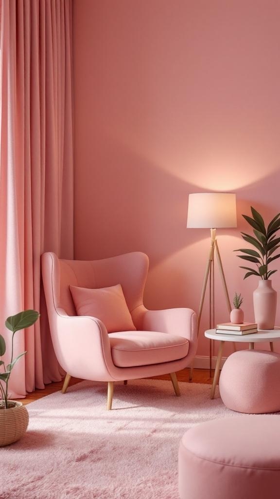 Cozy reading nook featuring pink walls, a pink armchair, and a small table with books and a plant.