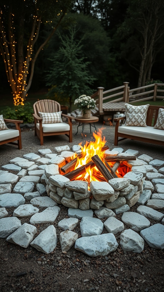 A rustic white stone fire pit surrounded by chairs, with a warm fire burning in the center.
