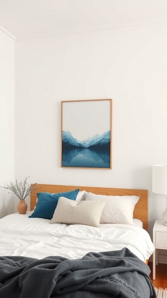 Cozy minimalist bedroom with blue artwork above the bed, featuring soft blue accents and neutral bedding.