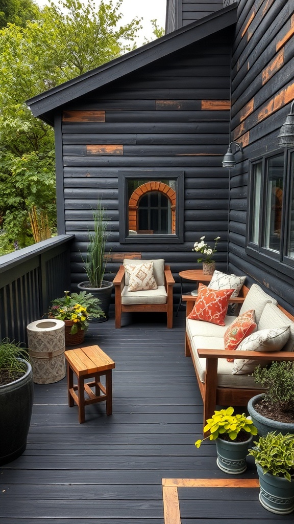 A black deck featuring reclaimed wood accents, with comfortable seating and colorful plants.