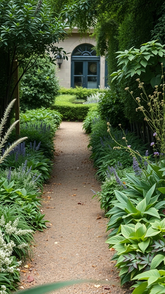 A beautiful garden pathway bordered by lush herbs and flowers.