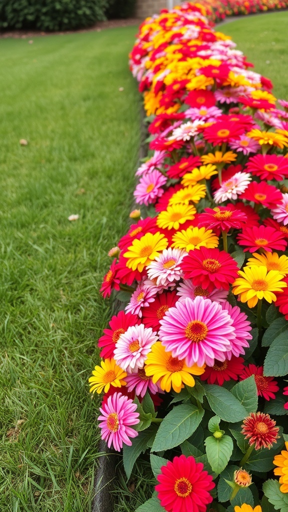 Colorful layered zinnia border in a garden