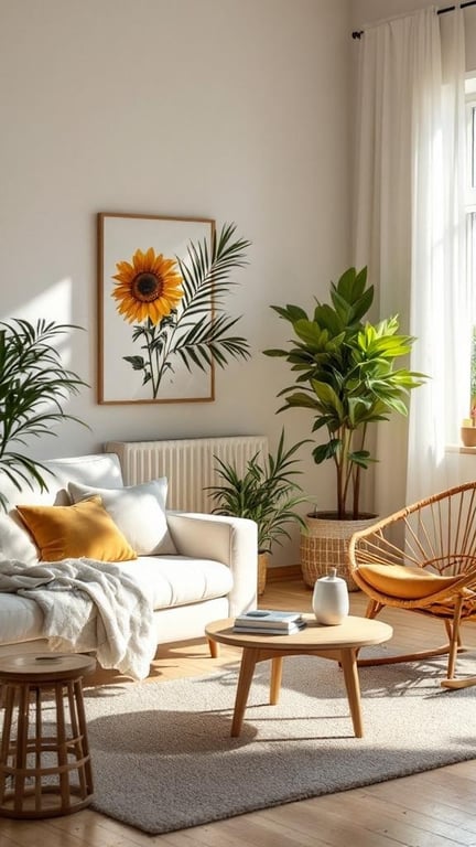 A bright living room with light wood furniture, featuring a cozy sofa, a wooden coffee table, and vibrant plants.