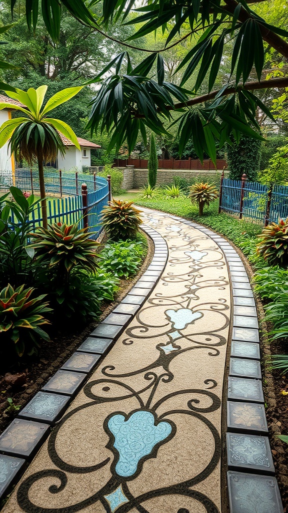 A beautifully designed winding garden path surrounded by lush greenery.