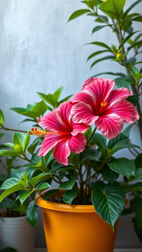 A vibrant pink and white tropical hibiscus flower in an orange pot with green leaves in the background.