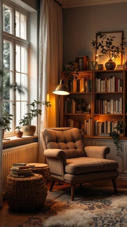 A cozy reading nook featuring a plush armchair, a bookshelf filled with books, and plants, illuminated by soft lighting.