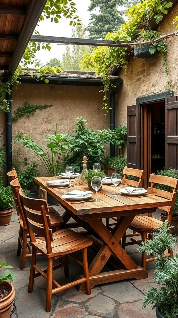 A rustic outdoor dining area featuring a wooden table, chairs, and greenery.
